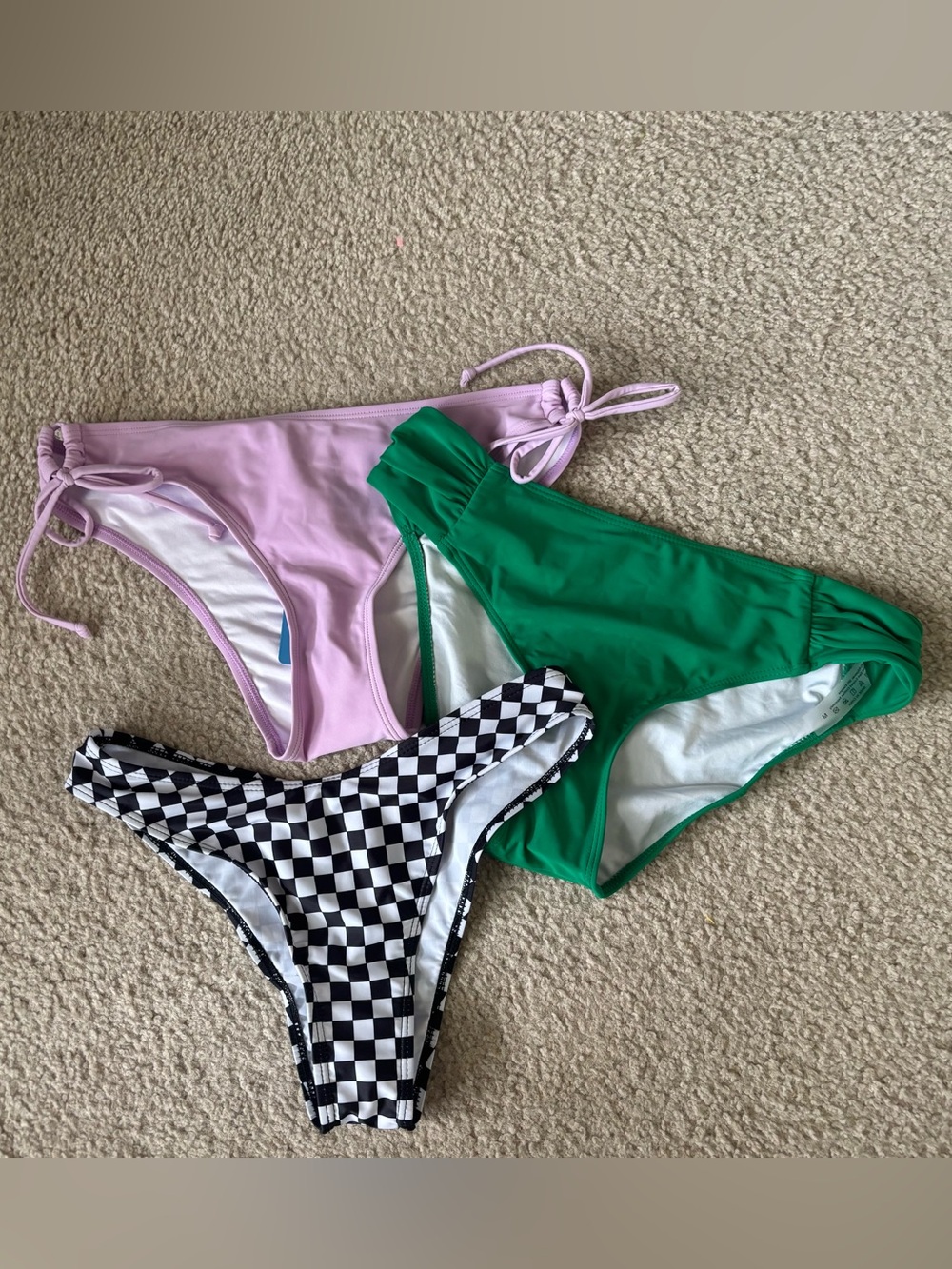 Women's Bikini Bottoms Bundle of 3- Green, Lilac & Black Check, Size M, NWT